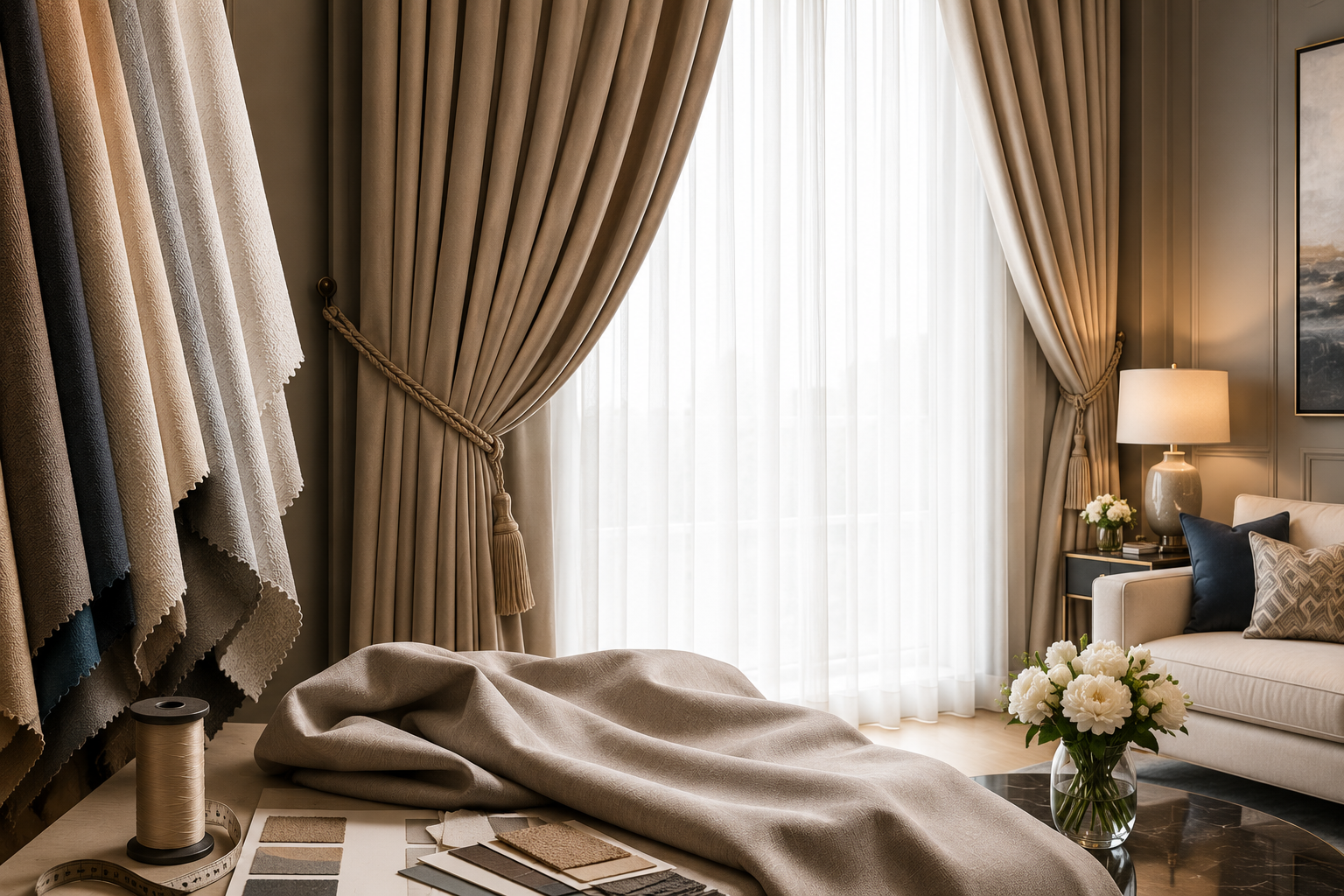 Craftsman measuring curtain fabric with curtain rolls in background