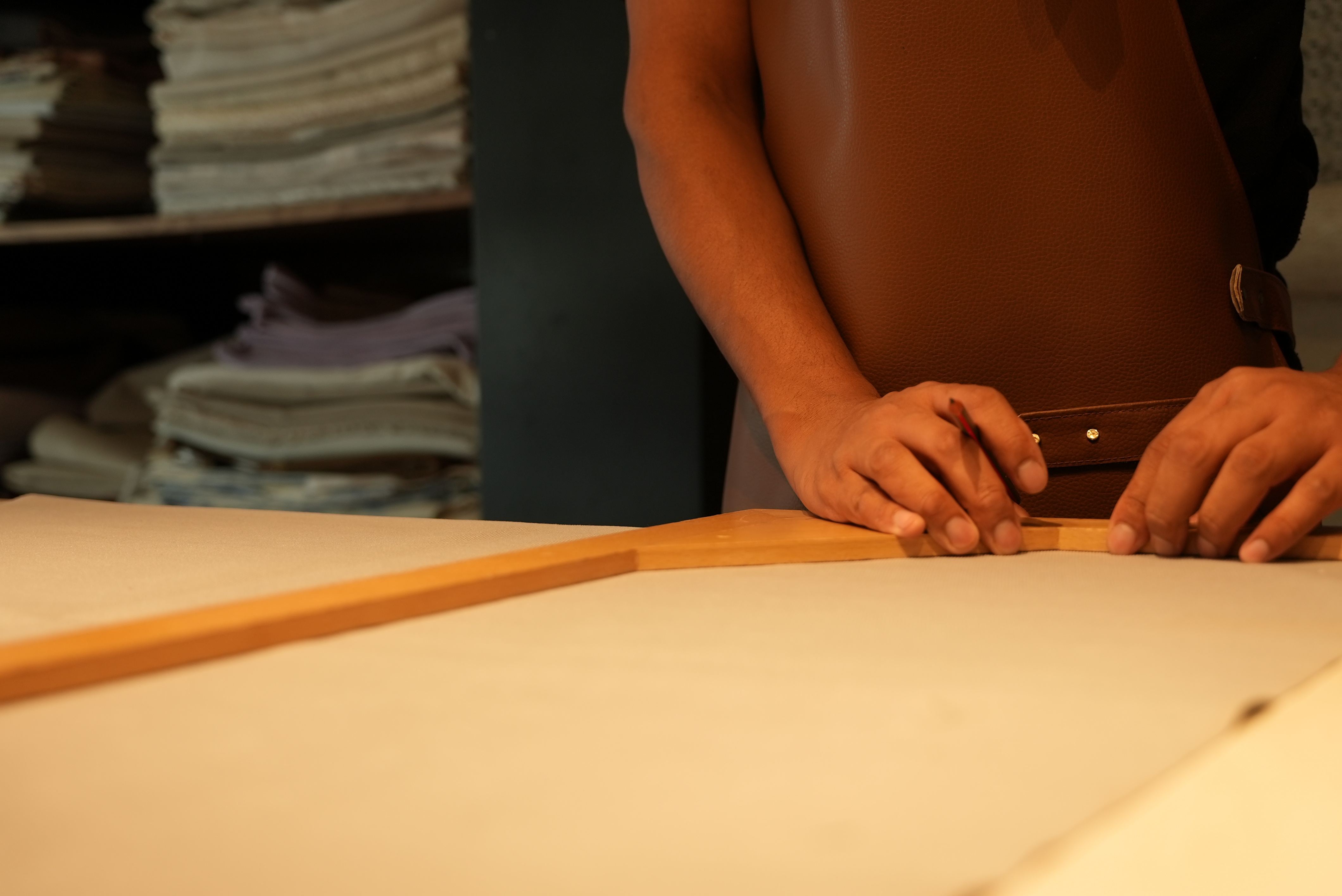 Curtain fabric cutting in the Blueline tailoring section