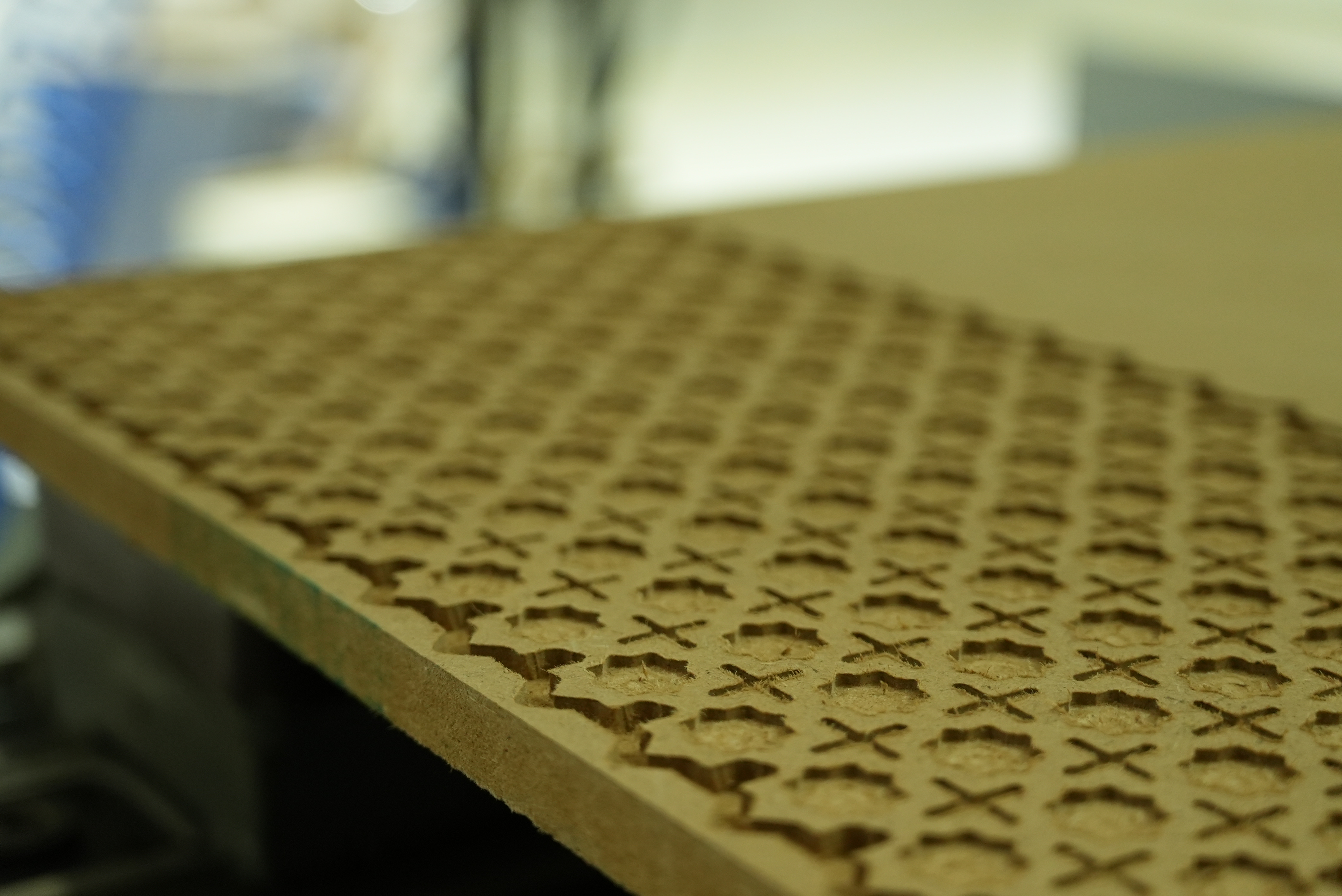 CNC-carved decorative wood panel — Blueline production facility